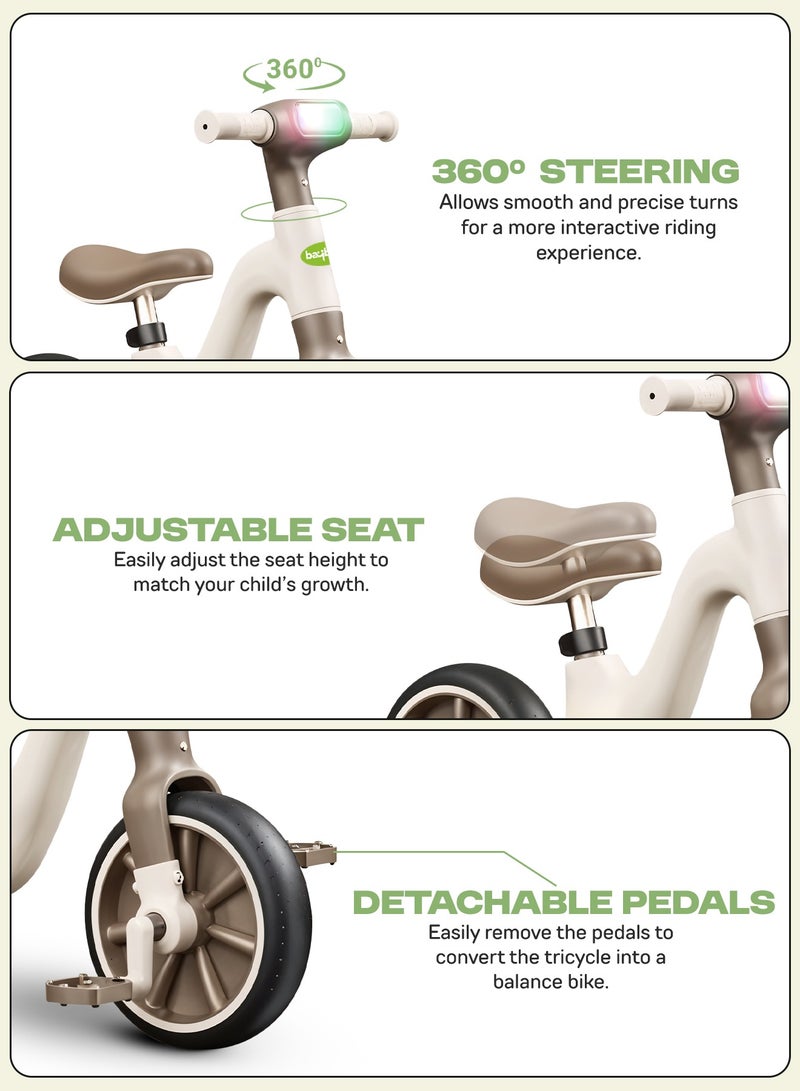 BAYBEE 2 in 1 Convertible Baby Tricycle for Kids Smart Baby Balance Bike Kids Tricycle Cycle with Light Music Foldable Auxilary Wheels Kids Tricycle Bicycle Baby Cycle for Kids 2 to 5 Years Brown  - Image 4