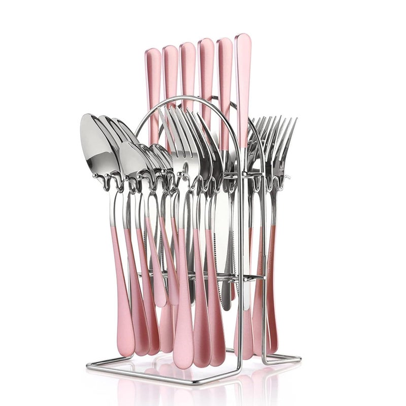 FTNESGYM 24 Pieces Silverware Set, Stainless Steel Cutlery Set with Holder, Flatware Set for 6 Person Tableware Set Includes Dinner Knives Forks Spoons Teaspoons, Mirror Polished (Pink) - Image 1