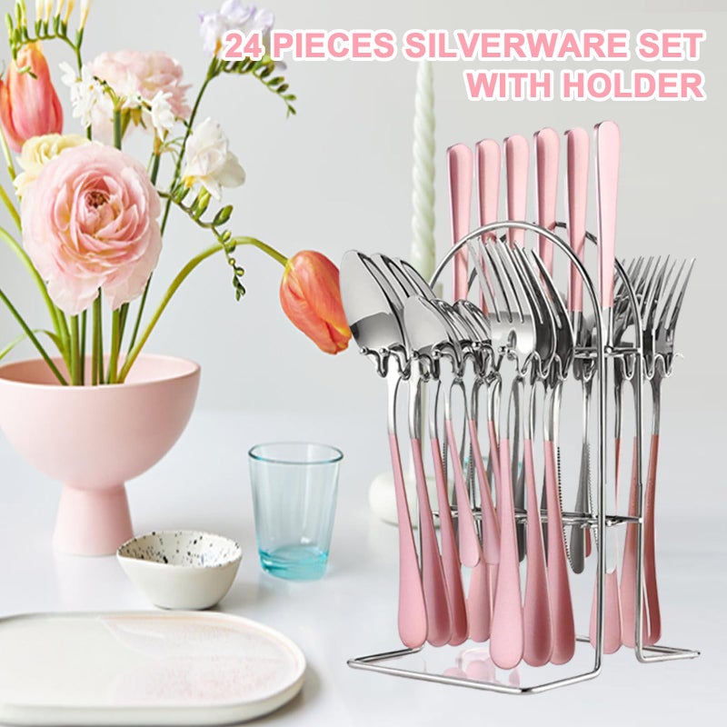 FTNESGYM 24 Pieces Silverware Set, Stainless Steel Cutlery Set with Holder, Flatware Set for 6 Person Tableware Set Includes Dinner Knives Forks Spoons Teaspoons, Mirror Polished (Pink) - Image 5