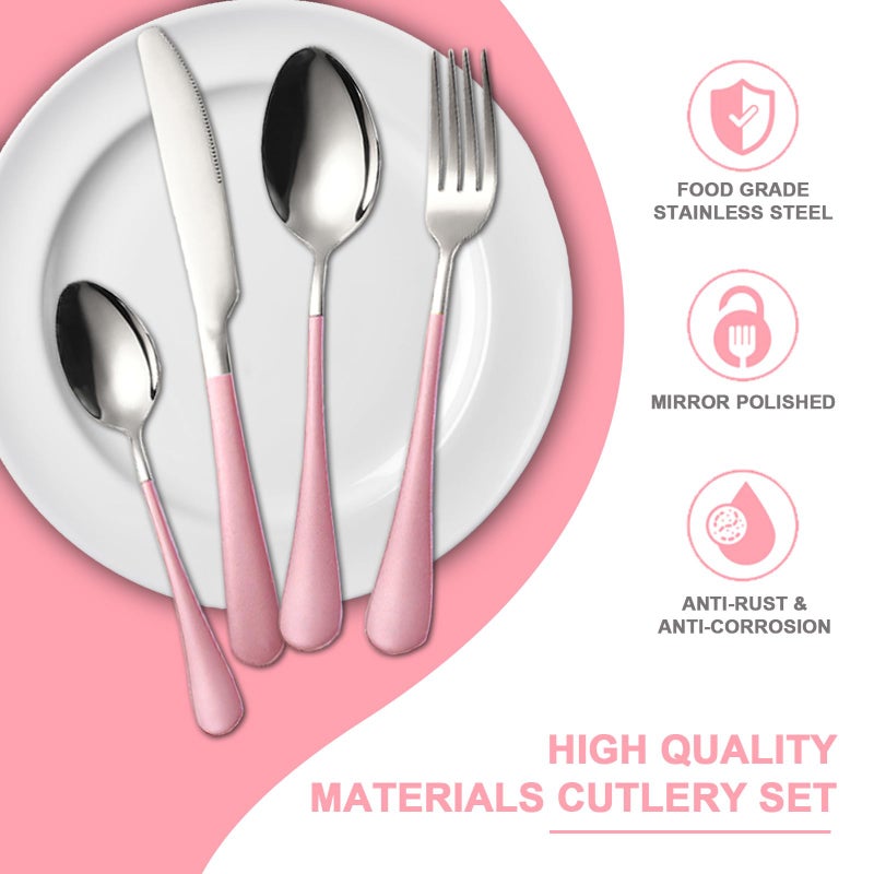 FTNESGYM 24 Pieces Silverware Set, Stainless Steel Cutlery Set with Holder, Flatware Set for 6 Person Tableware Set Includes Dinner Knives Forks Spoons Teaspoons, Mirror Polished (Pink) - Image 2