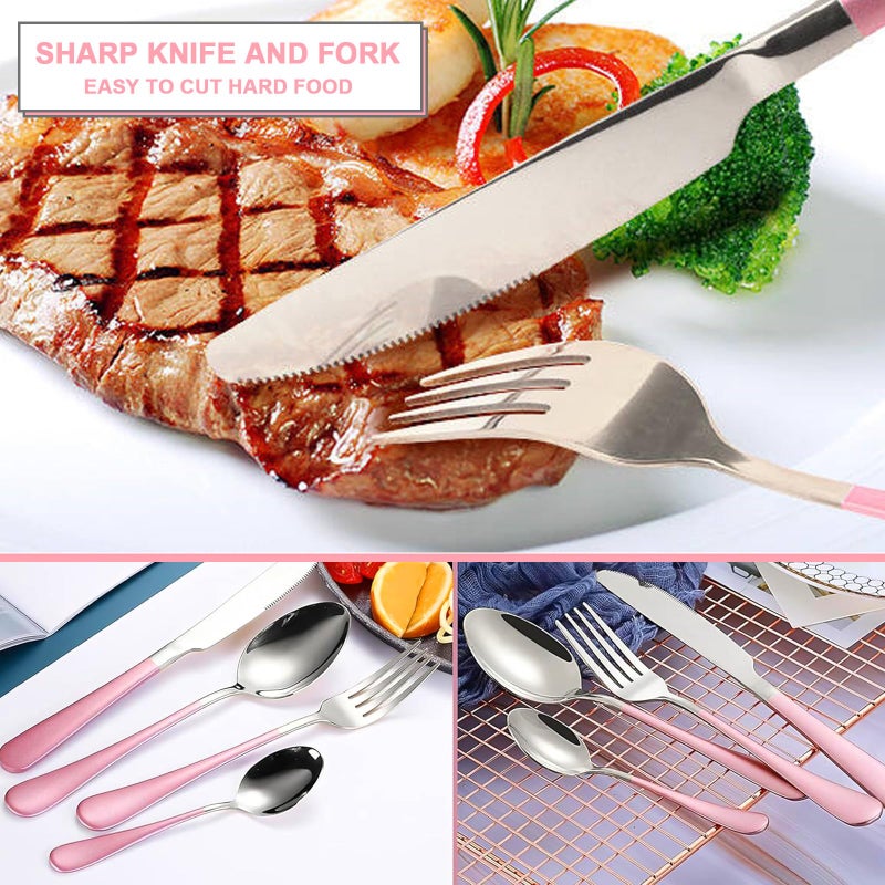 FTNESGYM 24 Pieces Silverware Set, Stainless Steel Cutlery Set with Holder, Flatware Set for 6 Person Tableware Set Includes Dinner Knives Forks Spoons Teaspoons, Mirror Polished (Pink) - Image 3