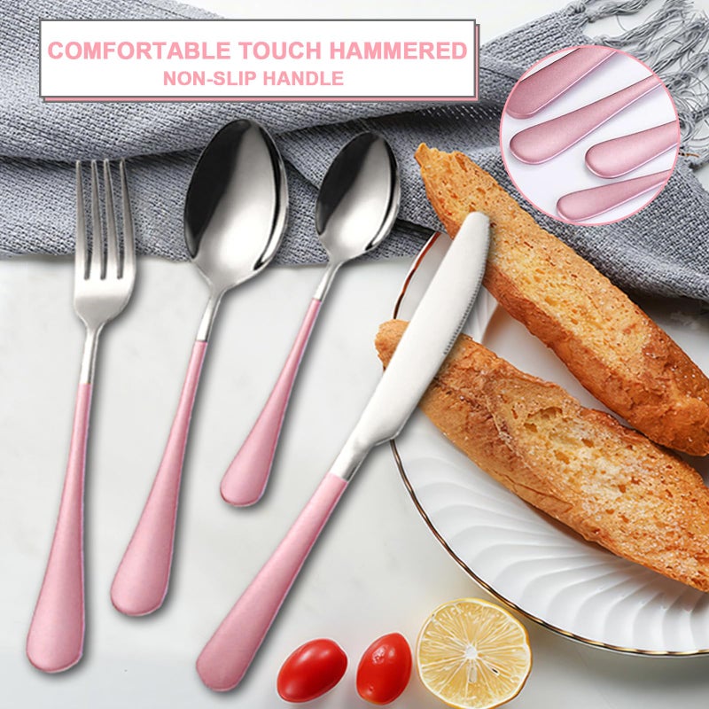 FTNESGYM 24 Pieces Silverware Set, Stainless Steel Cutlery Set with Holder, Flatware Set for 6 Person Tableware Set Includes Dinner Knives Forks Spoons Teaspoons, Mirror Polished (Pink) - Image 4