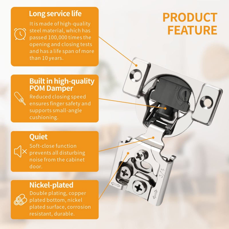 Chibery 10 Pack 3/4" Overlay 4D Soft Close Concealed Hinges for Face Frame Door, Adjustable Closing Speed, Smooth Slow Self Close Hinges, Satin Nickel, 105Â° Open Angle Stainless Steel Cabinet Hinges - Image 5