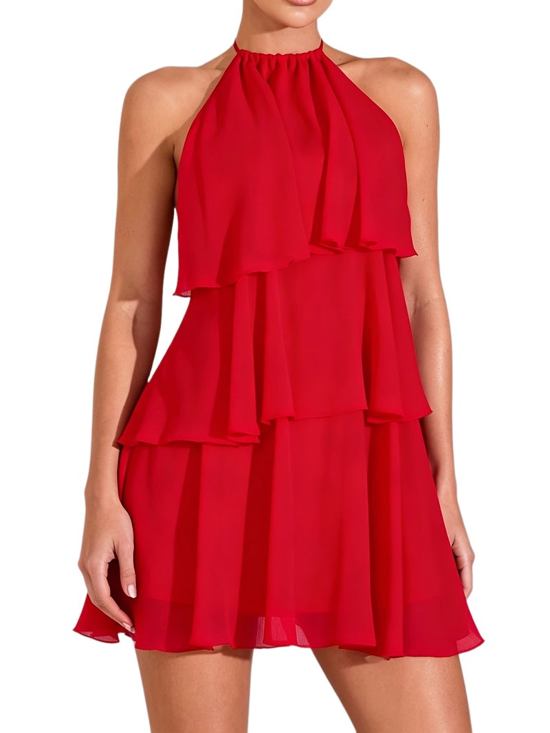 Lotus Leaf Layered Chiffon Mini Dress, Suitable for Daily Wear, Night Out, Nightclubs, Parties, Reunions, Cocktail Parties, Pool Parties, Back to Season, Uniforms, Vacation Dresses, Balle... - Image 1