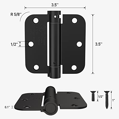 HOSOM Self Closing Door Hinges 3.5 Inch Matte Black Spring Loaded Hinge Adjustable Tension for Interior Door, UL Listed, for Left and Right Hand Door, 5/8'' Radius Corners, 4 Pack - Image 2
