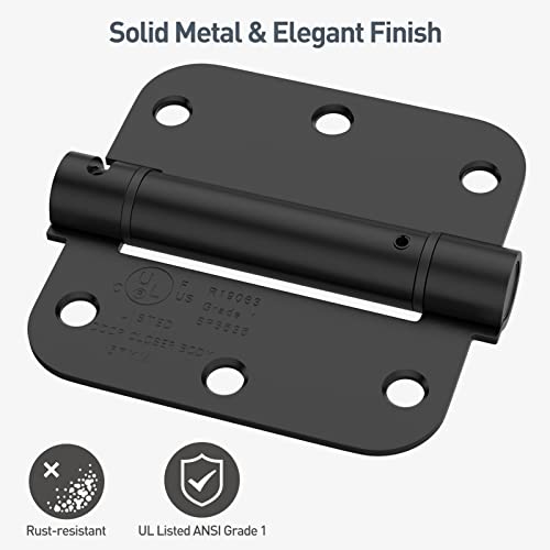 HOSOM Self Closing Door Hinges 3.5 Inch Matte Black Spring Loaded Hinge Adjustable Tension for Interior Door, UL Listed, for Left and Right Hand Door, 5/8'' Radius Corners, 4 Pack - Image 4