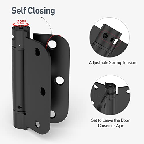 HOSOM Self Closing Door Hinges 3.5 Inch Matte Black Spring Loaded Hinge Adjustable Tension for Interior Door, UL Listed, for Left and Right Hand Door, 5/8'' Radius Corners, 4 Pack - Image 3