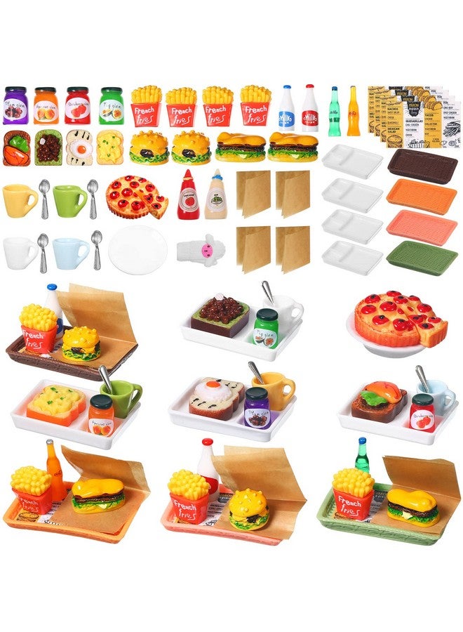 سيفانير مجموعة إكسسوارات طعام سريع مصغرة لبيت الدمية مكونة من 50 قطعة من الراتنج المختلط، مشروب طعام صغير، همبرغر، بطاطس مقلية، عصير، حليب، خبز، مربى، كوب، مطبخ الدمية، طعام تظاهري لبيت الدمية بمقياس 1:12، وزينة تزيين الكيك - Image 1