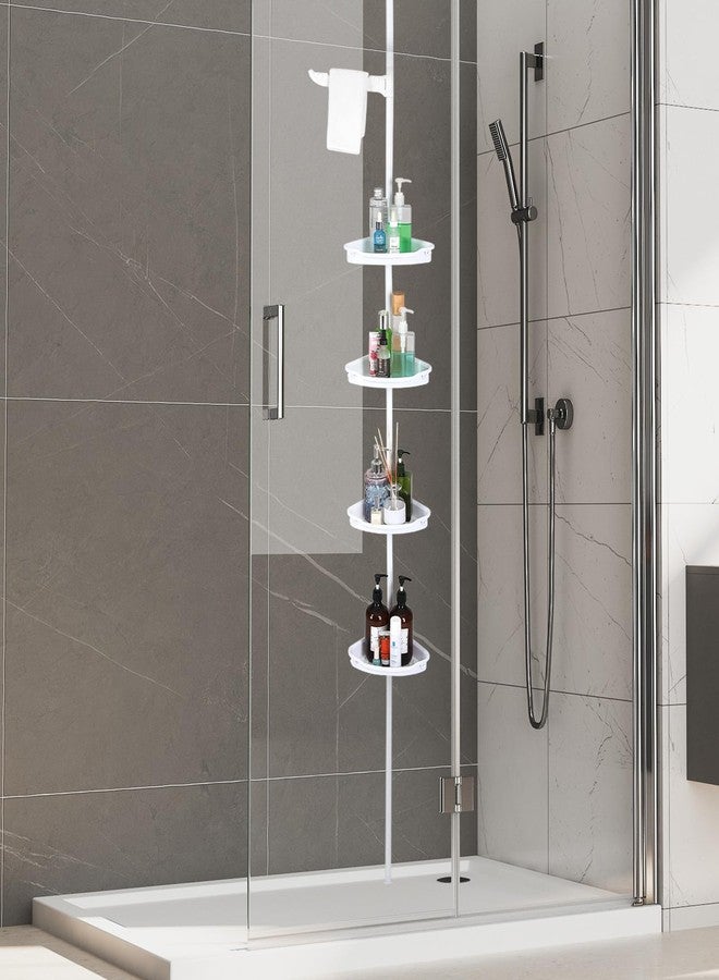 LALFPET Corner Shower Caddy Tension Pole, 101.6''-122'', 4 Tier Shower Shelf, Rust Proof No Drilling Bathroom Organizer with Adjustable Trays, Plastic Bathtub Shelves Shamboo Holder, White - Image 1