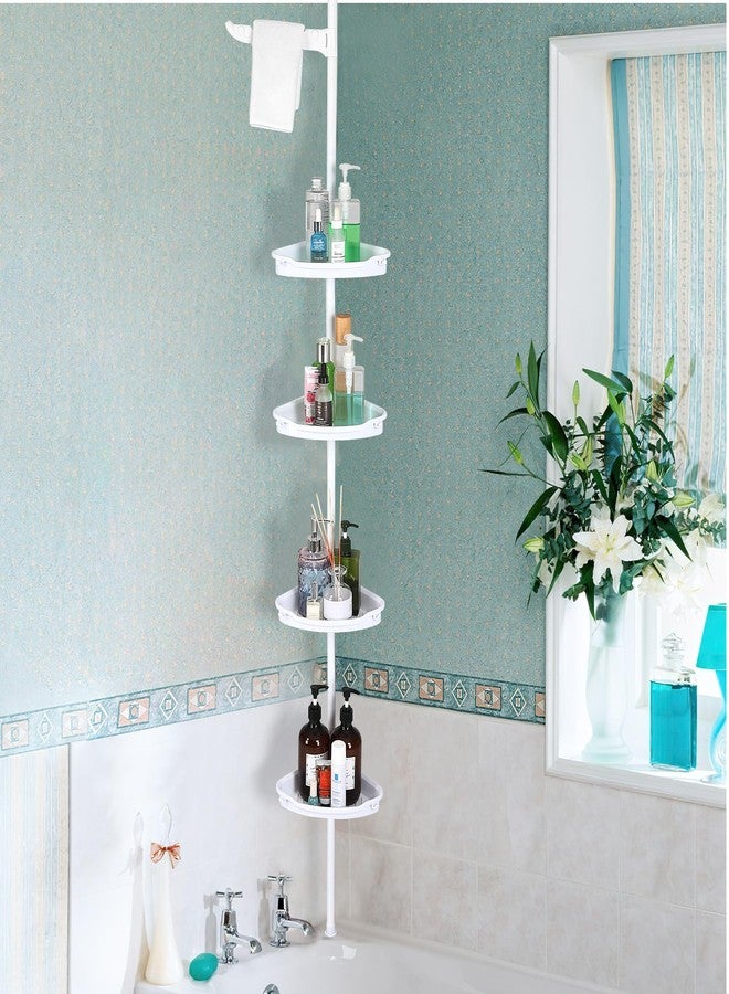 LALFPET Corner Shower Caddy Tension Pole, 101.6''-122'', 4 Tier Shower Shelf, Rust Proof No Drilling Bathroom Organizer with Adjustable Trays, Plastic Bathtub Shelves Shamboo Holder, White - Image 3