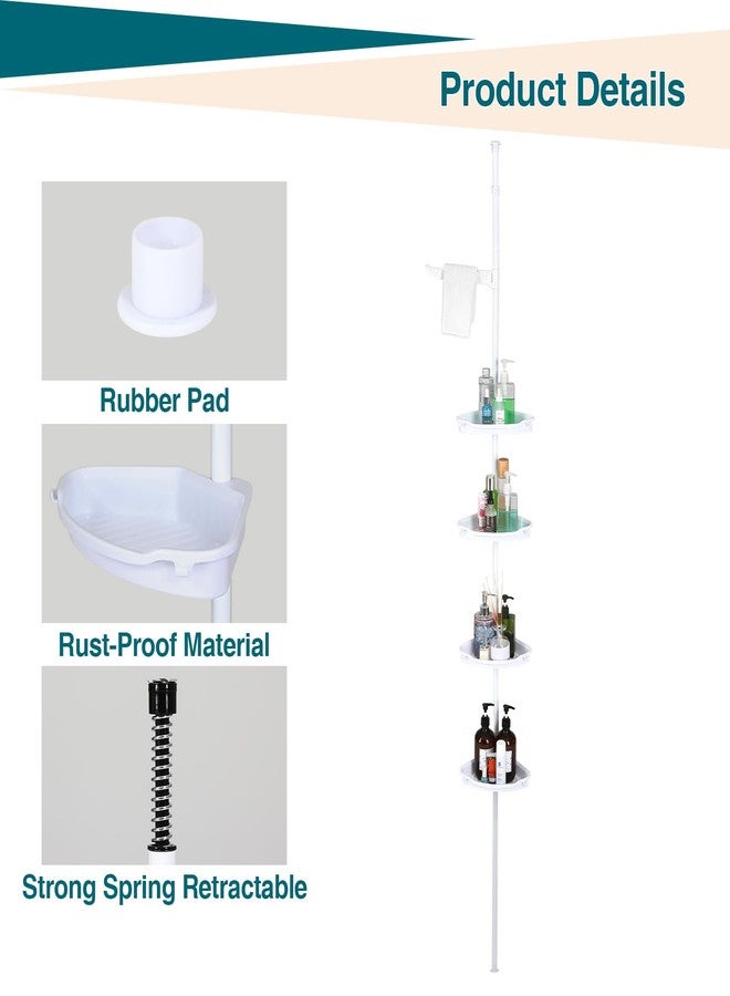 LALFPET Corner Shower Caddy Tension Pole, 101.6''-122'', 4 Tier Shower Shelf, Rust Proof No Drilling Bathroom Organizer with Adjustable Trays, Plastic Bathtub Shelves Shamboo Holder, White - Image 4
