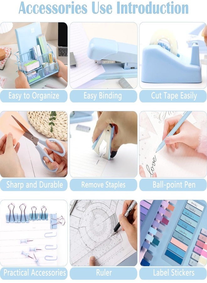 Scindaly Blue Office Desk Accessories Supplies, 11pcs Desk Organizers and Accessories with Tape Dispenser and Stapler,Staples,Staple Remover,Scissor,Ruler,Sticky Tabs,Tape,Ballpoint Pen,Clips Set - Image 3
