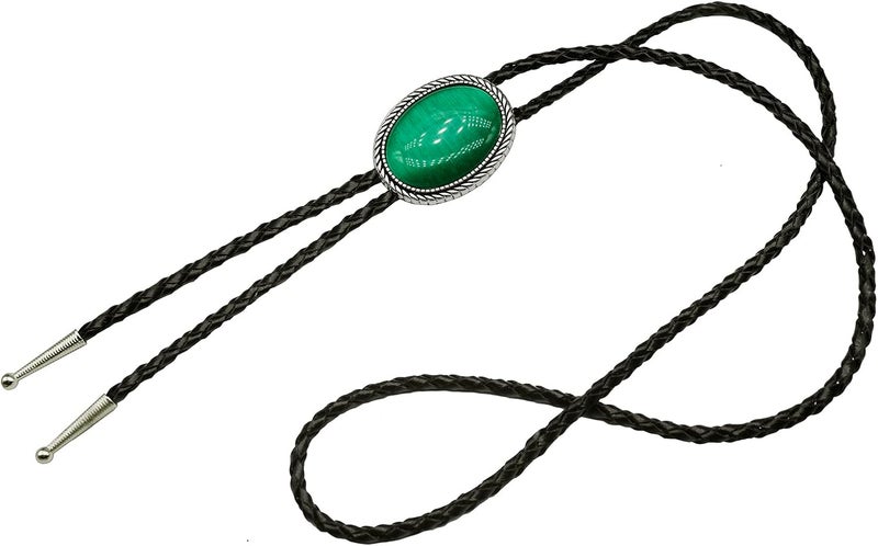 Moranse Bolo Tie With Emerald Blue and Black or More Colors Stone Celtic Style Genuine and Cowhide Rope - Image 2