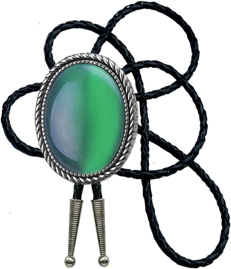 Moranse Bolo Tie With Emerald Blue and Black or More Colors Stone Celtic Style Genuine and Cowhide Rope - Image 1