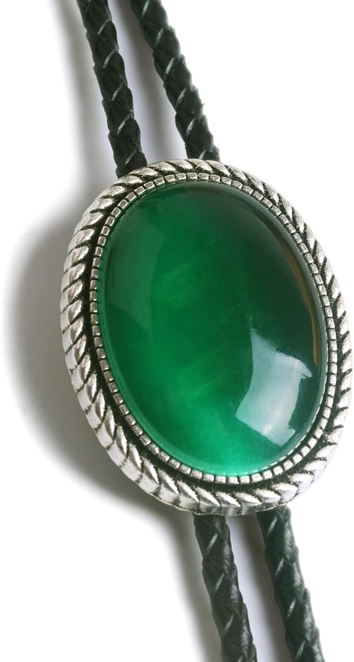 Moranse Bolo Tie With Emerald Blue and Black or More Colors Stone Celtic Style Genuine and Cowhide Rope - Image 3