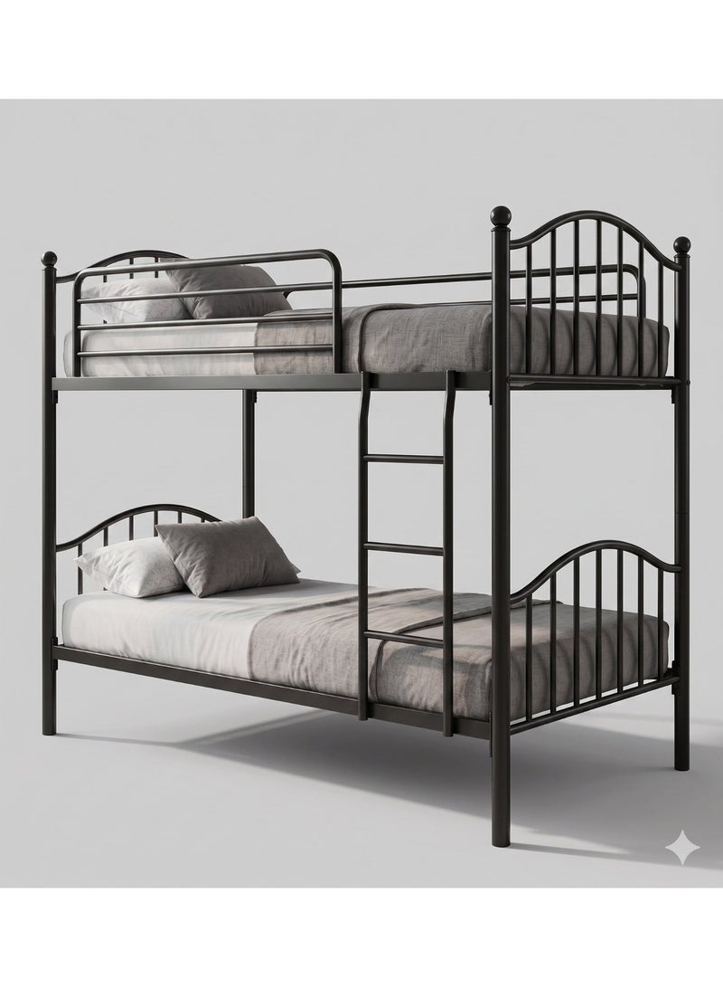 Mobellya Elite Arched Metal-Frame Bunk Bed with Protective Rails and Ladder - Twin Over Twin (Black) - Image 2