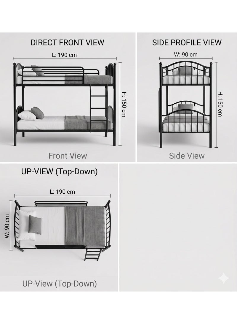 Mobellya Elite Arched Metal-Frame Bunk Bed with Protective Rails and Ladder - Twin Over Twin (Black) - Image 1