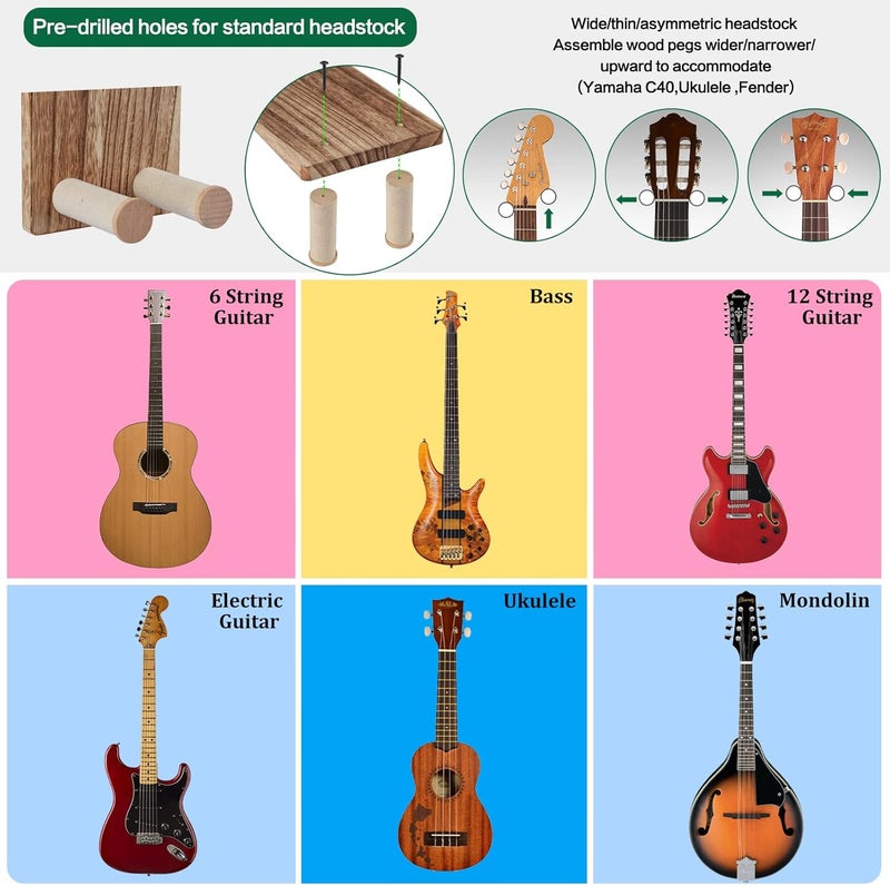Keebofly Guitar Wall Mount Hanger with Rustic Wood Shelf- Single Pack, Wall Hook Rack for Acoustic/Electric Guitars, Bass & Ukulele, (Brown,Patented) - Image 3