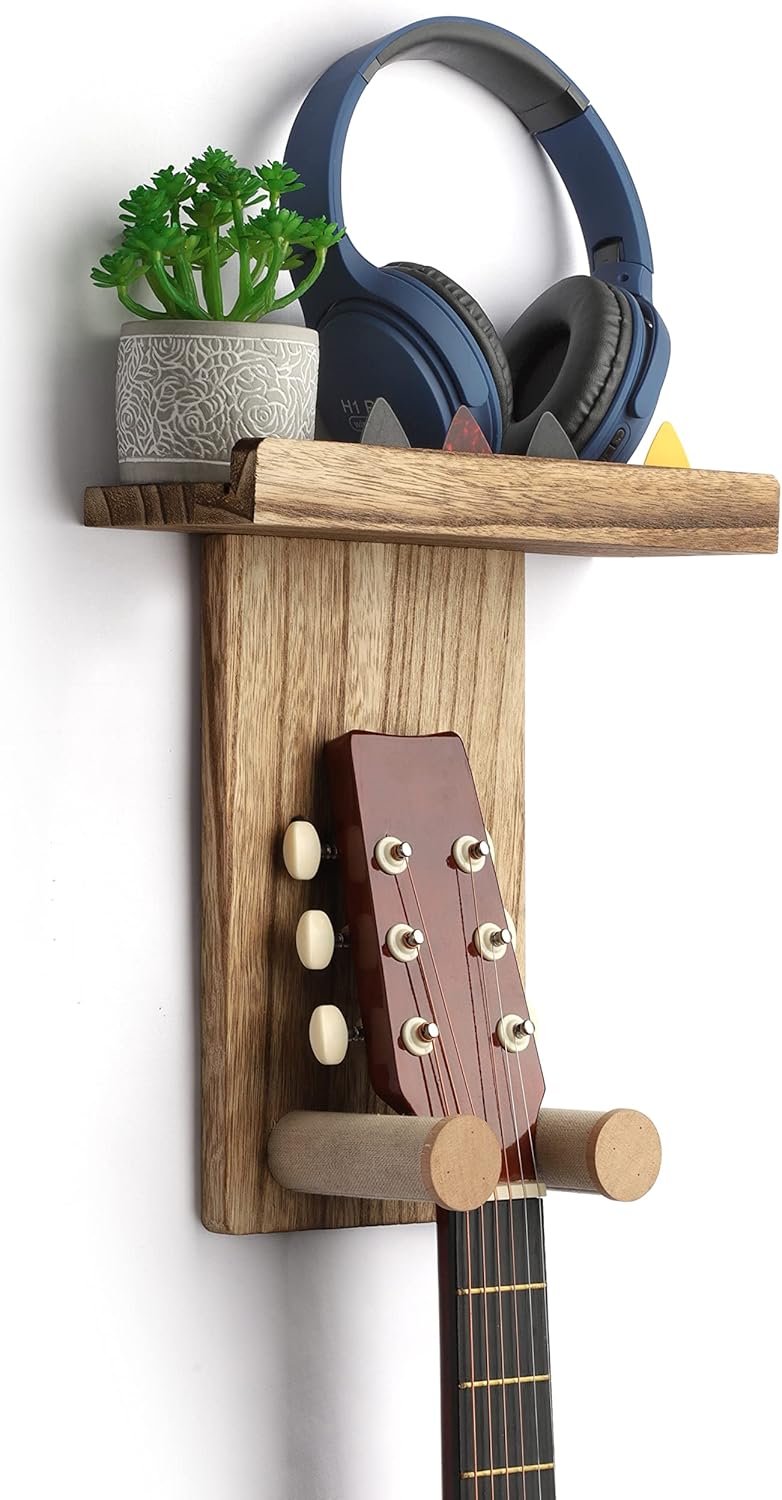 Keebofly Guitar Wall Mount Hanger with Rustic Wood Shelf- Single Pack, Wall Hook Rack for Acoustic/Electric Guitars, Bass & Ukulele, (Brown,Patented) - Image 1