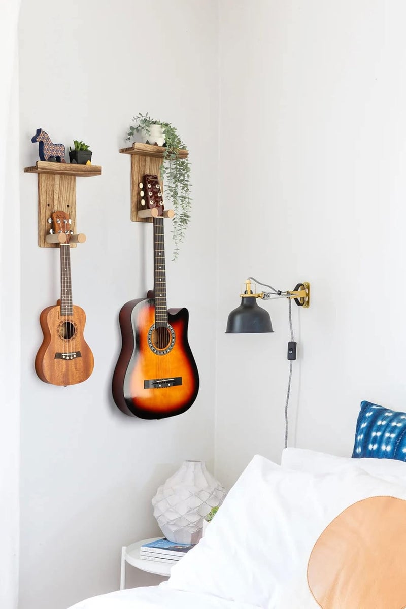 Keebofly Guitar Wall Mount Hanger with Rustic Wood Shelf- Single Pack, Wall Hook Rack for Acoustic/Electric Guitars, Bass & Ukulele, (Brown,Patented) - Image 4