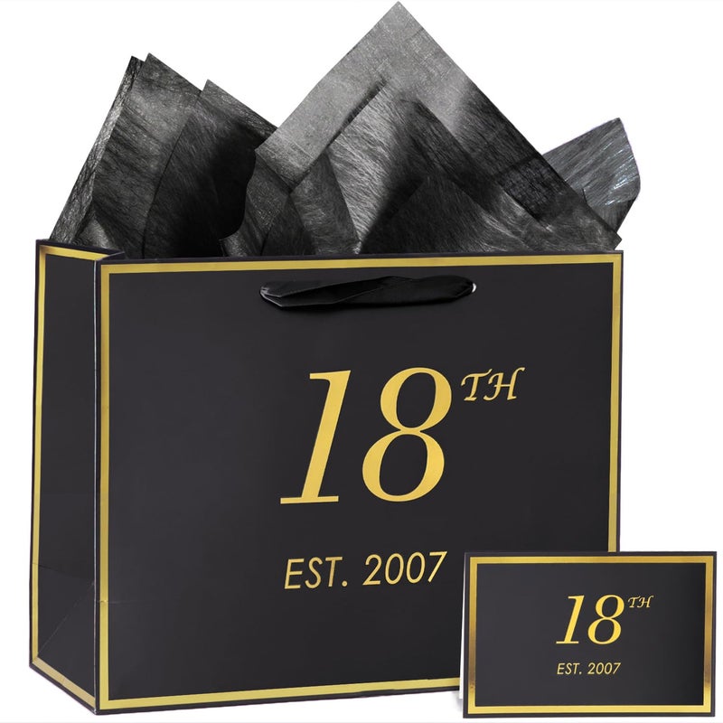 Momoake 18Th Birthday Gift Bag With Card And Tissue Paper For Boys Men Women  2007 18 Year Old 13 "" Elegant Black Gold Anniversary Keepsake Party Present Shopping Paper Bags For Gifts Wrapping - Image 1