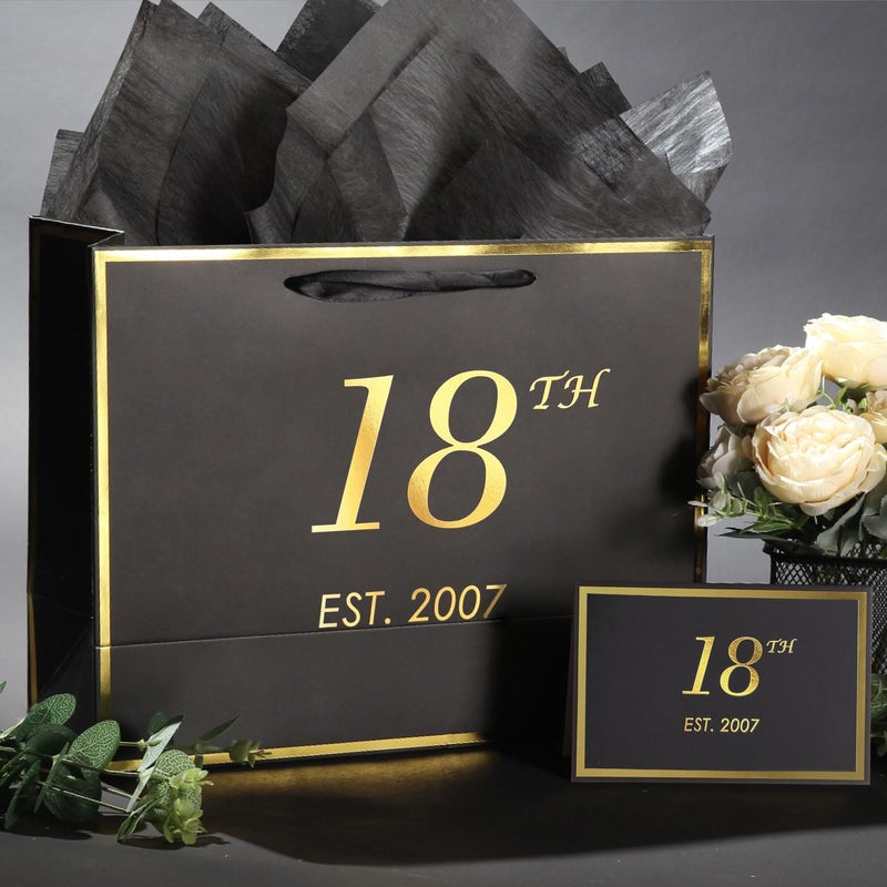 Momoake 18Th Birthday Gift Bag With Card And Tissue Paper For Boys Men Women  2007 18 Year Old 13 "" Elegant Black Gold Anniversary Keepsake Party Present Shopping Paper Bags For Gifts Wrapping - Image 5