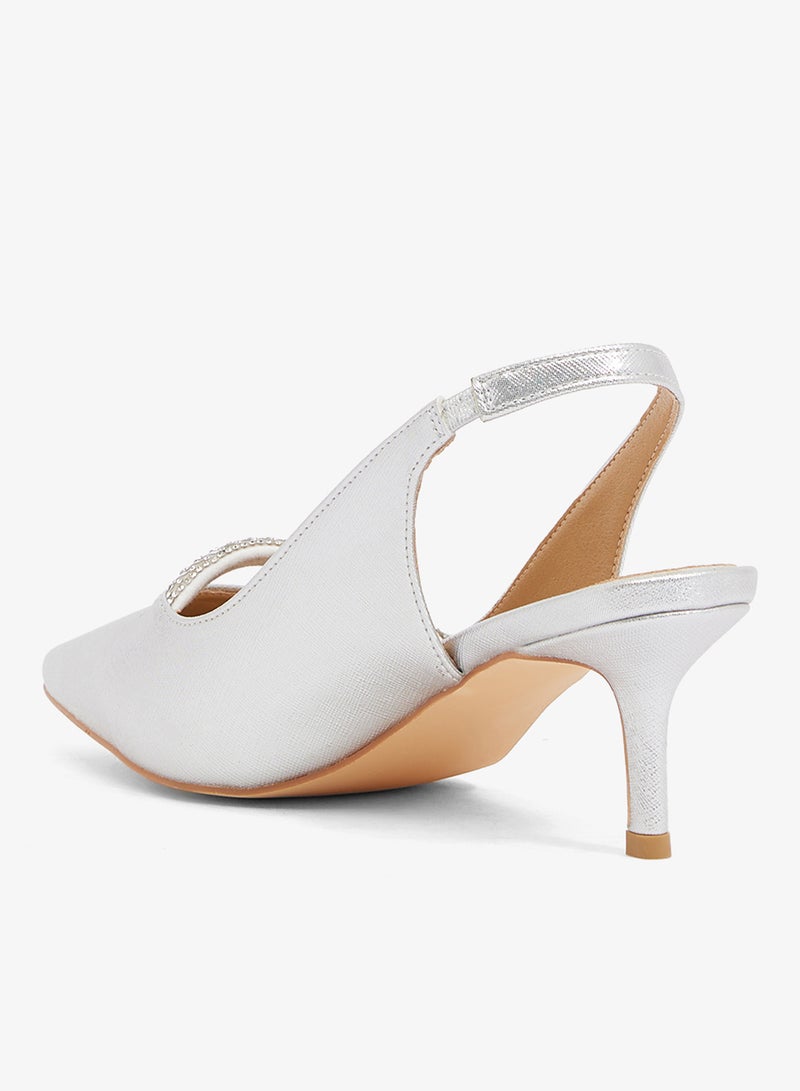ELLA Silver satin slingback with crystal buckle detail, pointed toe, stiletto heel - Image 3