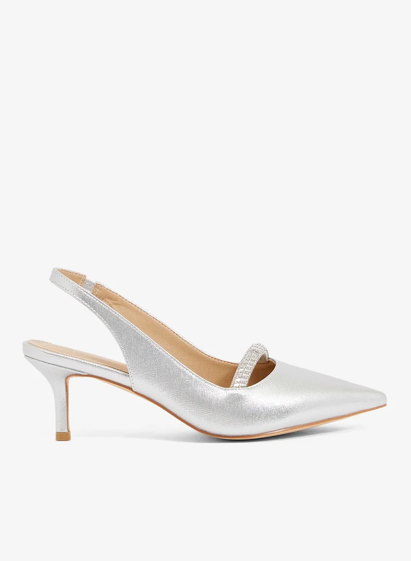 ELLA Silver satin slingback with crystal buckle detail, pointed toe, stiletto heel