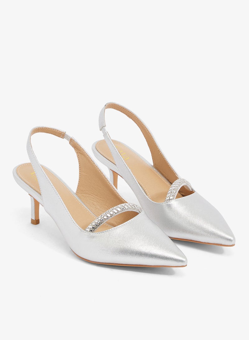 ELLA Silver satin slingback with crystal buckle detail, pointed toe, stiletto heel - Image 4