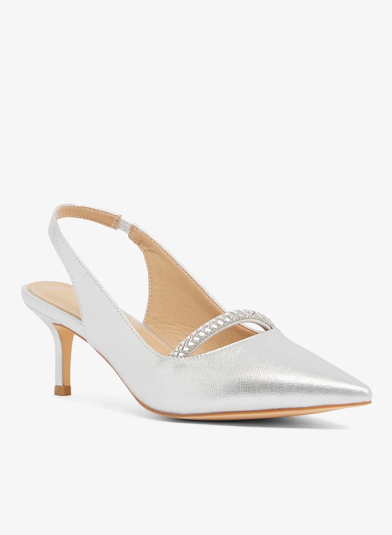 ELLA Silver satin slingback with crystal buckle detail, pointed toe, stiletto heel
