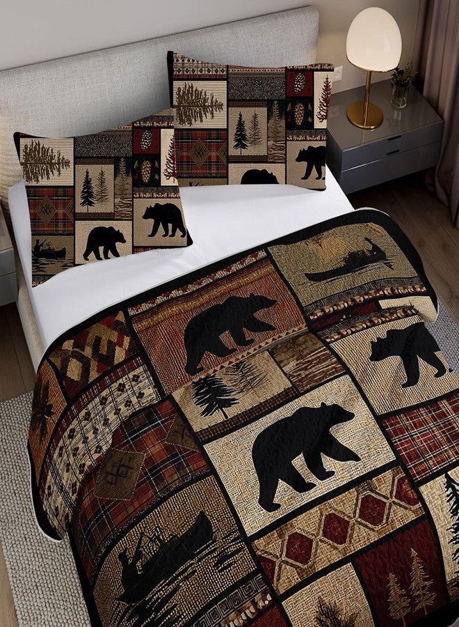 XYNHML Rustic Black Bear Quilt Bedding Queen 3Pcs Natural Forest Wild Hunt Animal Bear Canoe Bed Set Retro Tree Grid Pattern Bedspread Coverlet with 2 Pillowcases for Kid Boy Girl Teen Adult Bed Decor - Image 4