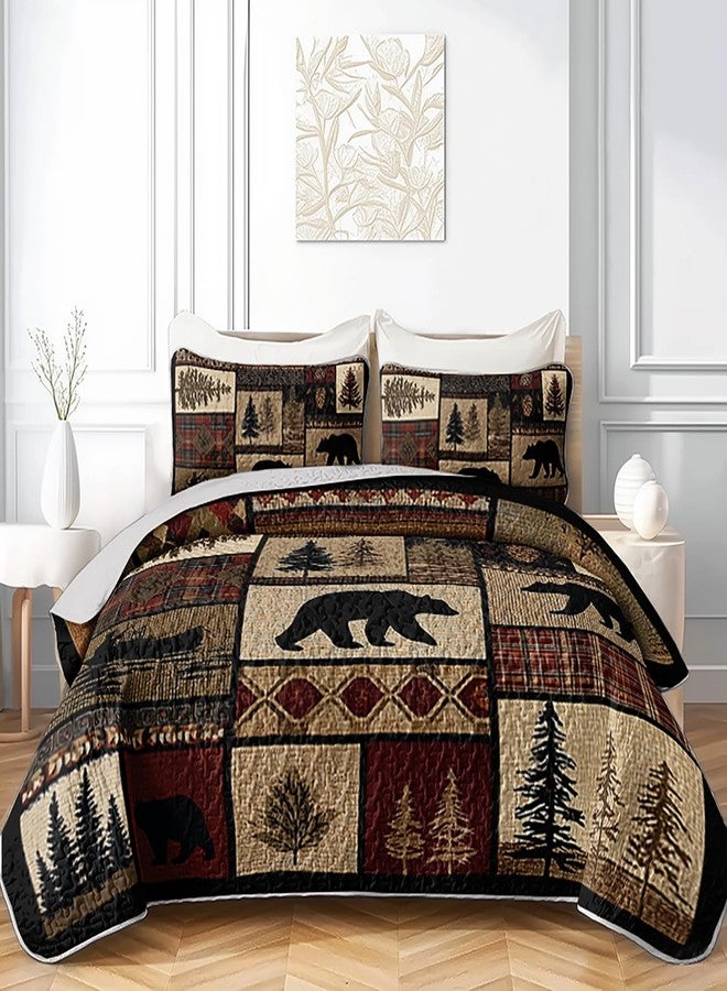 XYNHML Rustic Black Bear Quilt Bedding Queen 3Pcs Natural Forest Wild Hunt Animal Bear Canoe Bed Set Retro Tree Grid Pattern Bedspread Coverlet with 2 Pillowcases for Kid Boy Girl Teen Adult Bed Decor - Image 1