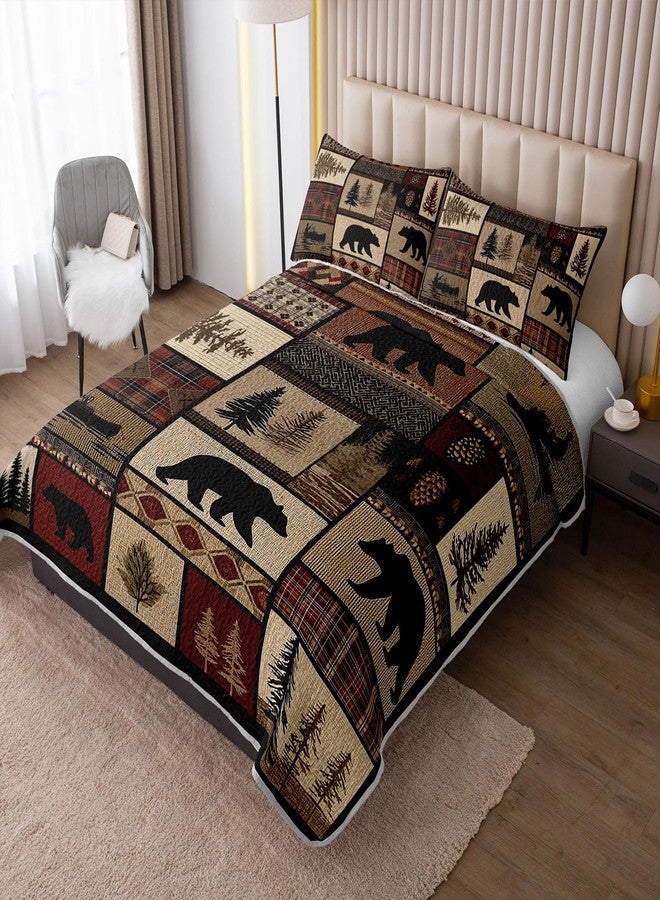 XYNHML Rustic Black Bear Quilt Bedding Queen 3Pcs Natural Forest Wild Hunt Animal Bear Canoe Bed Set Retro Tree Grid Pattern Bedspread Coverlet with 2 Pillowcases for Kid Boy Girl Teen Adult Bed Decor - Image 2