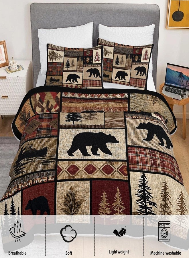 XYNHML Rustic Black Bear Quilt Bedding Queen 3Pcs Natural Forest Wild Hunt Animal Bear Canoe Bed Set Retro Tree Grid Pattern Bedspread Coverlet with 2 Pillowcases for Kid Boy Girl Teen Adult Bed Decor - Image 3
