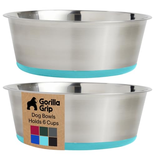 GORILLA GRIP Dog Bowls Food Grade 304 Stainless Steel Holds 6 Cups Each 48 fl oz Food and Water Bowl for Feeding Dogs and Cats Dishwasher Safe Rust Resistant BPA Free Rubber Base Set of 2 Turquoise - Image 1