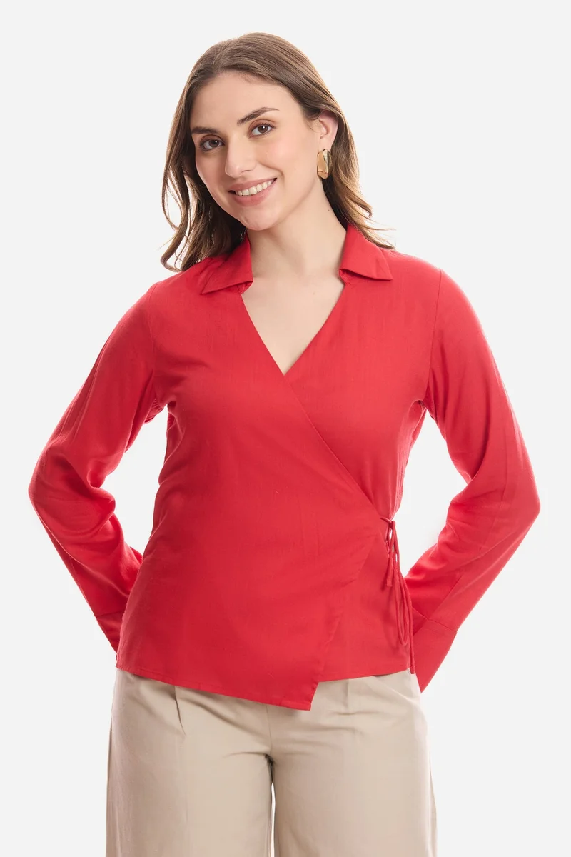 Virgio Solid Viscose Wrap Tie-Up Top for Women