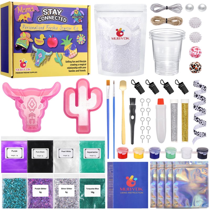 MUBYOK M139 57PCS Car Freshie Supplies Starter kit with Unscented Aroma BeadsSilicone MoldsAcrylic PaintMica PowderGlitter and Accessories Make 4 Freshies