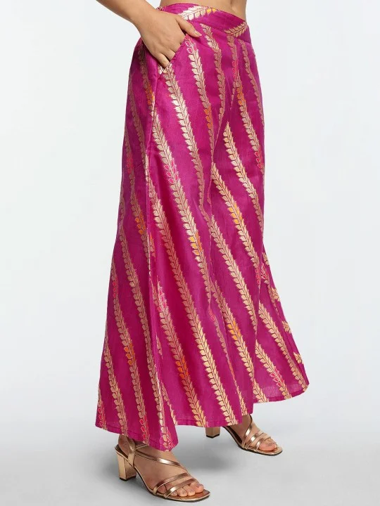 ISHIN Women'S Purple Nylon Blend Embellished Tunic Full Length Palazzo Straight Fit Kurta Set