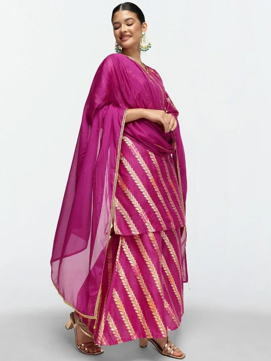 ISHIN Women'S Purple Nylon Blend Embellished Tunic Full Length Palazzo Straight Fit Kurta Set