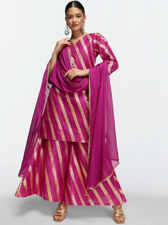 ISHIN Women'S Purple Nylon Blend Embellished Tunic Full Length Palazzo Straight Fit Kurta Set