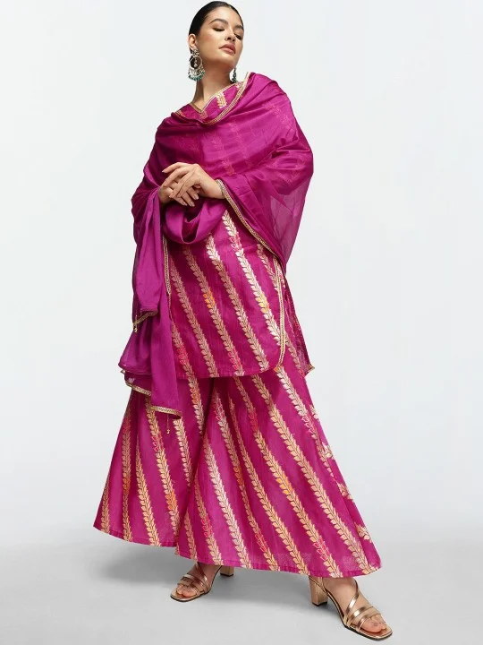 ISHIN Women'S Purple Nylon Blend Embellished Tunic Full Length Palazzo Straight Fit Kurta Set