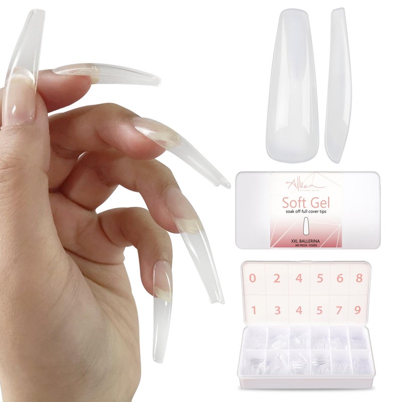 Allkem Soft Gel Nail Tips - 360 pcs XXL Ballerina Nail Extensions Kit - 12 Sizes Extra Extra Long Full Cover Nails - Clear (360 Pieces) - Image 1