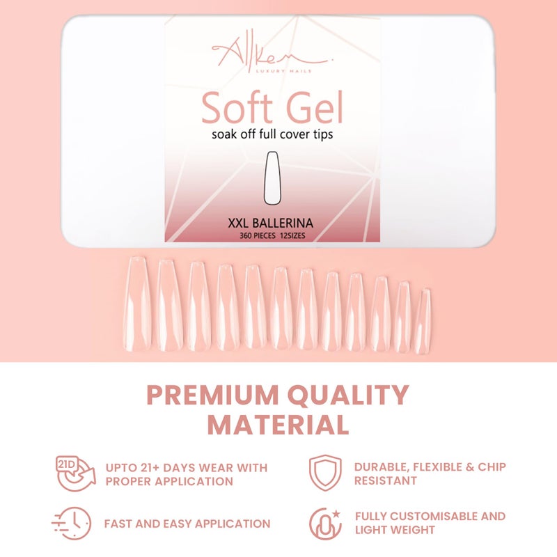 Allkem Soft Gel Nail Tips - 360 pcs XXL Ballerina Nail Extensions Kit - 12 Sizes Extra Extra Long Full Cover Nails - Clear (360 Pieces) - Image 2
