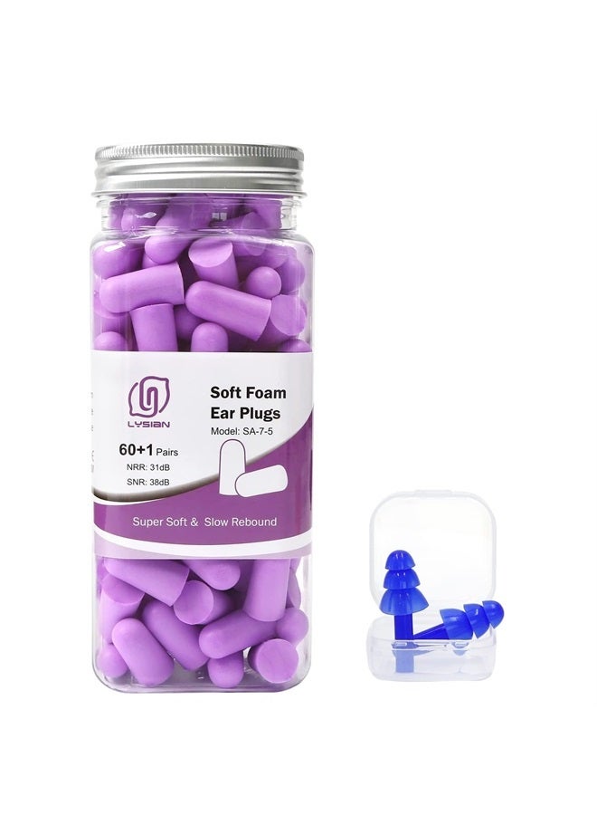 lysian Ultra Soft Foam Earplugs Sleep - 38dB SNR Noise Cancelling Ear Plugs for Sleeping, Shooting, Snoring, Work Loud Sound Reduction- 60 Pairs Valued Pack,Purple  - Image 1