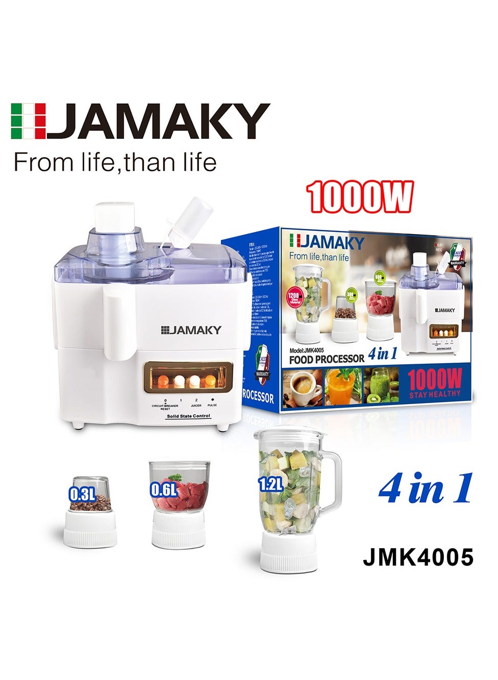 Food Processor 4-in-1 , 1000W - With 3 Accessories JMK4005 , with Italian technology