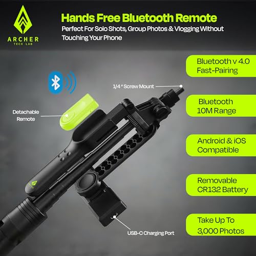Archer Tech Lab Multifunctional Selfie Stick with Tripod Stand, Detachable Bluetooth Remote, 6-Mode Fill Light, 360° Rotation, Aluminum Alloy Pole, Stable Anti-Slip Base for iPhone & Android Vlogging - Image 3