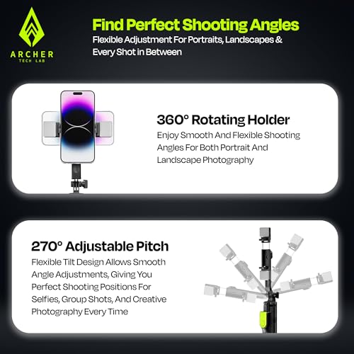 Archer Tech Lab Multifunctional Selfie Stick with Tripod Stand, Detachable Bluetooth Remote, 6-Mode Fill Light, 360° Rotation, Aluminum Alloy Pole, Stable Anti-Slip Base for iPhone & Android Vlogging - Image 4