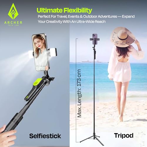 Archer Tech Lab Multifunctional Selfie Stick with Tripod Stand, Detachable Bluetooth Remote, 6-Mode Fill Light, 360° Rotation, Aluminum Alloy Pole, Stable Anti-Slip Base for iPhone & Android Vlogging - Image 5