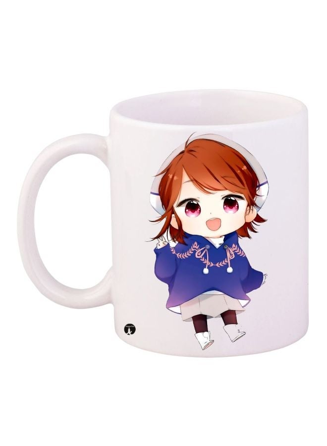 RYN Cartoon Girl Printed Coffee Mug White/Purple/Brown 11ounce