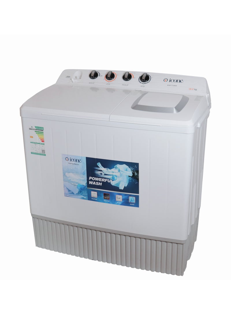 آيكون غسالة تحميل علوي  حوضين من ايكون بسعة 18 كجم، هيكل بلاستيكي مقاوم للصدأ، غطاء علوي شفاف لرؤية عملية الغسيل بسهولة، لوحة تحكم خلفية مرتفعة، موفرة للطاقة والمياه – مثالية لتلبية احتياجات الغسيل للعائلات WMTT-1800 - Image 1